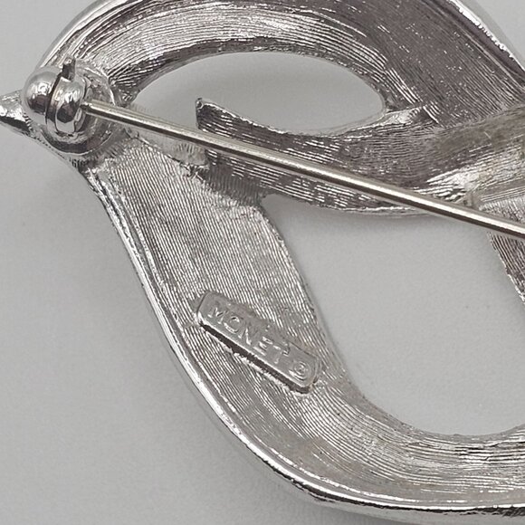 Monet Brooch Brushed Silver Tone Swirl Loop Ribbon Band Signed Pin Elegant Style - Picture 7 of 9